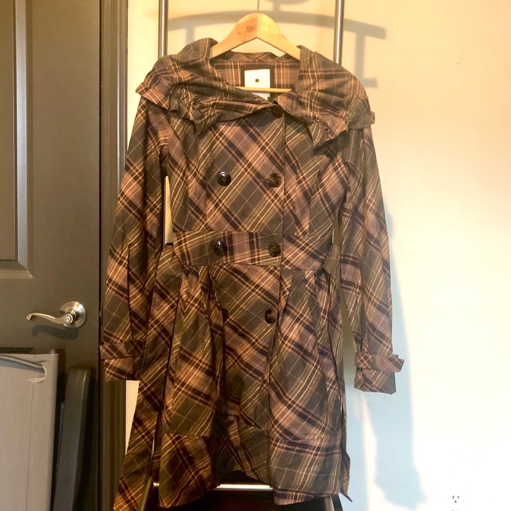 Anthropologie Elevenses Puckered Plaid Trench Coat